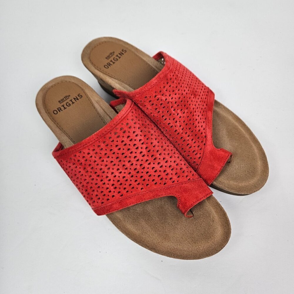 Earth Origins Pico Pearl Spicy Red Perforated Suede Toe Loop Low Wedge Sandal - Picture 3 of 13